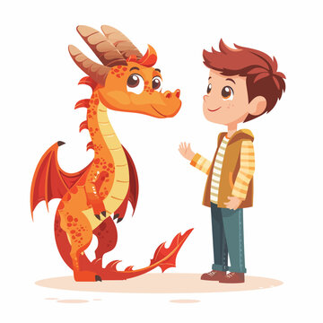 Vector illustration of a boy and a dragon on a white background.