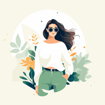 Vector illustration of a beautiful young woman in sunglasses and a white sweater.