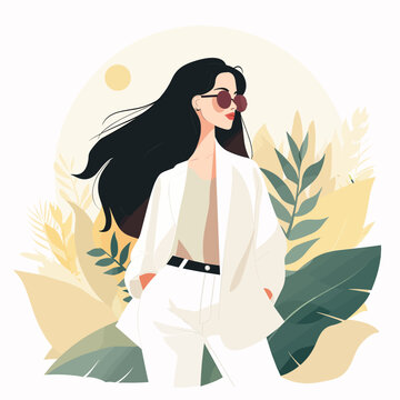 Vector illustration of a girl in a white jacket and sunglasses on the background of tropical leaves.