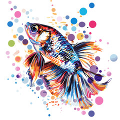 Fototapeta premium Vector illustration of goldfish on colorful background. Hand drawn style.