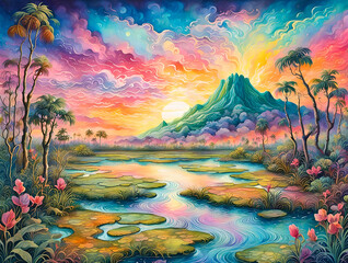 The everglades at Dawn in watercolour. Fantasycore style