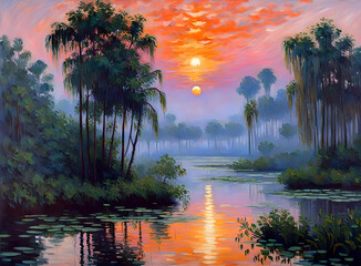 The everglades with a double sun at Dawn in oilpaint. Impressionist style