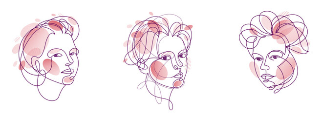 Woman beauty face vector linear illustrations set, delicate line art of attractive girl portraits collection, abstract feminine drawings minimal style isolated. - 784704480