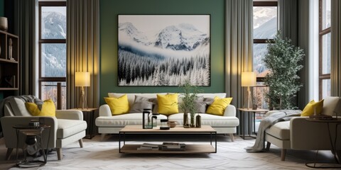 An apartment's interior features a substantial window that showcases a breathtaking mountain panorama, creating a serene and idyllic ambiance. - obrazy, fototapety, plakaty