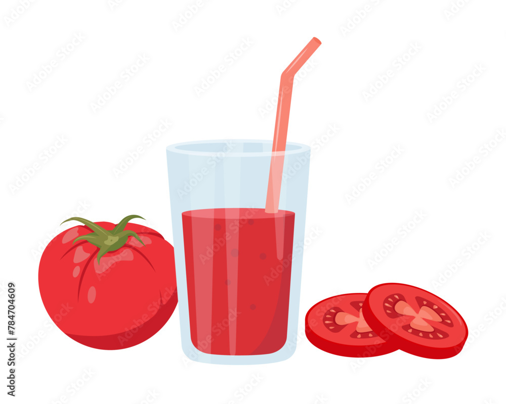 Wall mural Fresh tomato juice in glass and tomatoes. Weight loss diet vitamin smoothie. Detox tomatoes vegetable cocktail for healthy dieting. Vector illustration isolated on white background.