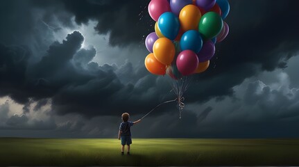 child holding balloons standing in front of fantasy .Generative AI