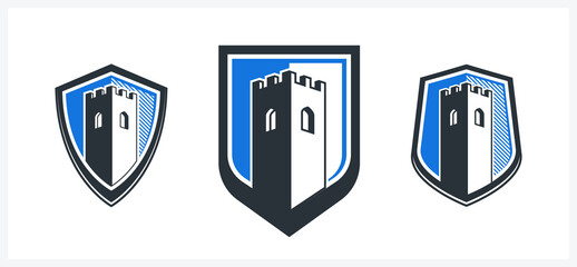 Shield with tower of defense fortress inside vector symbol, protection citadel concept logo.