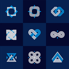 Abstract geometric linear symbols vector set, graphic design elements for logo creation, intertwined lines vintage style icons collection.