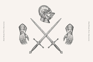 Two crossed swords, helmet and gauntlets of a knight in engraving style. Ancient armor and weapons of medieval warrior on light background. Vintage vector illustration.