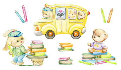 Animals school bus books watercolor set