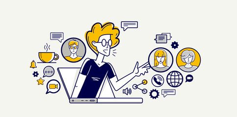 Online video chat of a young people doing their work and consulting remote about some project, online conference, webinar vector outline illustration. - 784704809