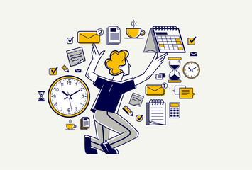 Time management vector outline illustration, worker planning deadline and prioritize tasks, business productiveness agenda, zero hour. - 784704815
