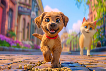 A cute cartoon dog is walking down a street with a cat in the background.