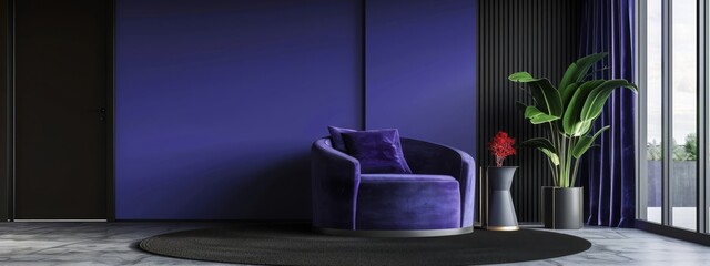 Accent lounge area in a large living room. Blue navy and red burgundy accent colors. Empty dark blue paint wall and bright cobalt royal cyan couch. Mockup modern interior design home. 3d rendering