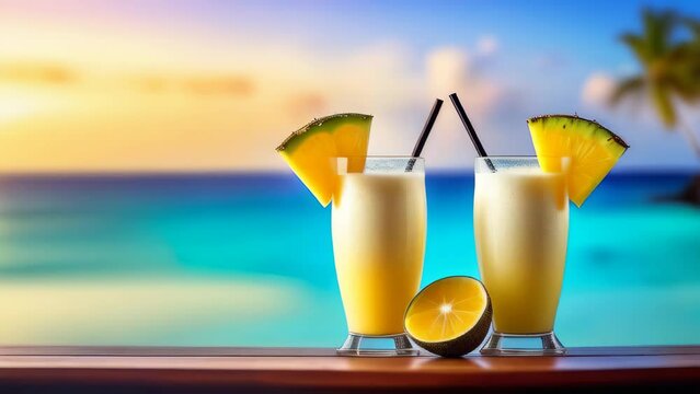 Pina Colada cocktails with slice pineapple and straw on wooden table against the backdrop of the tropical beach with palm trees and ocean during sunset, lounge beach atmosphere