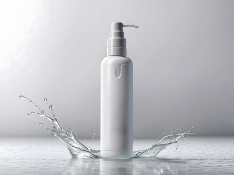 Mockup  cosmetic product, white background, light falling on water in the background