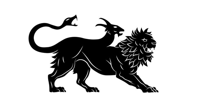 Heraldic chimera. Lion, goat head, snake tail. Symbol, sign, line, icon, silhouette, tattoo. Black stamp. Isolated vector illustration.