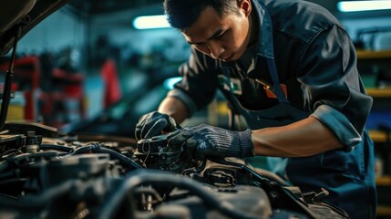 The proficient auto repair master showcases precision and expertise as they diligently repair a car engine at the forefront of the auto service, ensuring top-quality automotive care. - obrazy, fototapety, plakaty