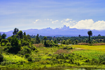 Spectacular view of Mount Kenya, highest mountain in Kenya at 5199 meters rising from the central...