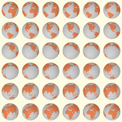 Collection of earth globes. Slanted sphere view. Rotation step 10 degrees. Solid color style. World map with graticule lines on yellowish background. Excellent vector illustration.