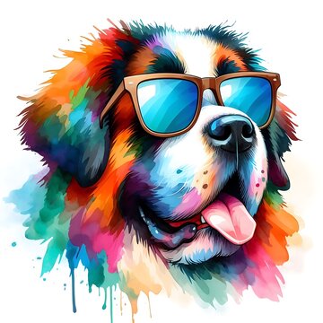 Cartoon Saint Bernard Dog: Abstract Watercolor Painting with Colorful Details and Sunglasses, Perfect for T-shirt Prints or High-Quality Wall Art.