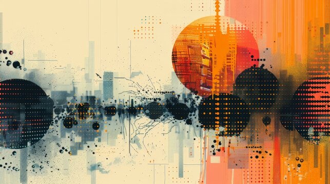 An grunge abstract retro futuristic background with contrasting circles, splashes of paint, and geometric shapes creating a dynamic visual scene.