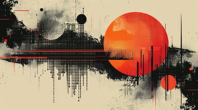An grunge abstract retro futuristic background with contrasting circles, splashes of paint, and geometric shapes creating a dynamic visual scene.
