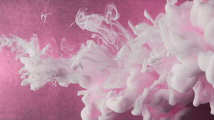 Smoke mix. Ink water flow. White splash silk texture vapor cloud motion on defocused pink color particles abstract art background. - 784705802