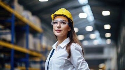 A woman, garbed in functional work clothes and a helmet, stands prominently in the warehouse, embodying strength and capability.
