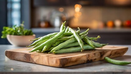 A selection of fresh vegetable: green beans, sitting on a chopping board against blurred kitchen...