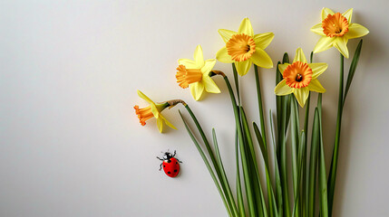 Daffodil and Ladybug Frame Border empty Page white Background Mockup text logo Stamp Branding Digital Art Wallpaper Background Backdrop Greeting card

