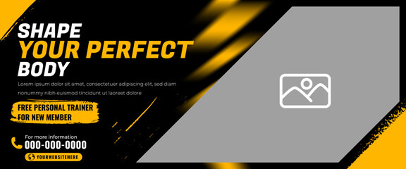 Horizontal banner template for gym, fitness, and sports promotion. Black background color with abstract ornament