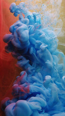 Ink water splash. Fluid smoke. Bright blue red color steam texture paint mix wave flow on defocused...