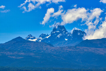 Close up of the central cone of Mount Kenya with its near by glaciers, Kenya's highest peak at 5199...
