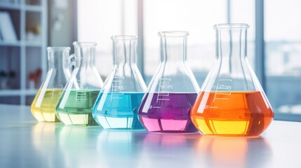 The table is adorned with a stunning array of medical flasks, each containing an assortment of captivatingly colorful reagents, evoking a sense of scientific intrigue and discovery.