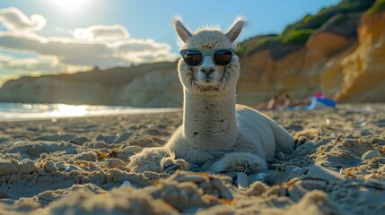Naklejka premium Chill Alpaca Soaking up Sun on a Sandy Beach. Concept Beach Animals, Alpaca Photography, Relaxation, Sunbathing, Serene Settings