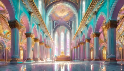 Bright, light-filled interior of a neoclassical cathedral in shades of white and gold. High Key Recording, Low Poly, Digital Art AI Generated - obrazy, fototapety, plakaty