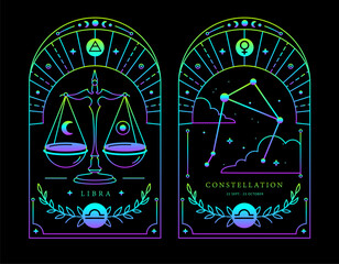 Set of Modern magic fluorescent witchcraft cards with astrology Libra zodiac sign characteristic. Vector illustration - 784706427