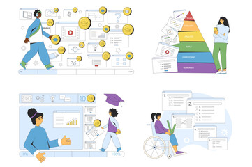 Online education concepts set. Gamification learning with multimedia. Teaching inclusion. Vector flat outline illustration collection isolated.