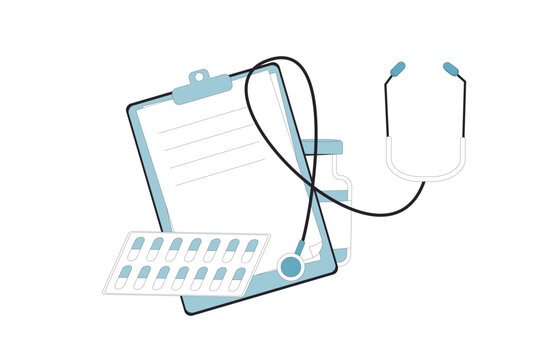medical clipboard, pills, stethoscope, flat design clip art preview