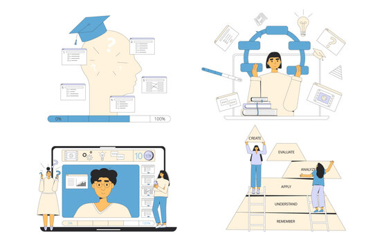 Online education concepts set. Teaching strategy and method learning multimedia. Vector flat outline illustration collection isolated on white background.