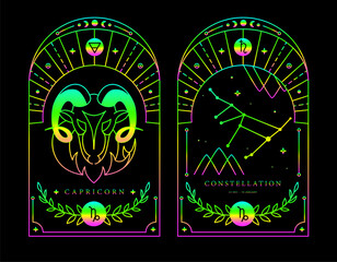 Set of Modern magic fluorescent witchcraft cards with astrology Capricorn zodiac sign characteristic. Vector illustration - 784706898