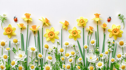 Daffodil and Ladybug Frame Border empty Page white Background Mockup text logo Stamp Branding Digital Art Wallpaper Background Backdrop Greeting card - obrazy, fototapety, plakaty