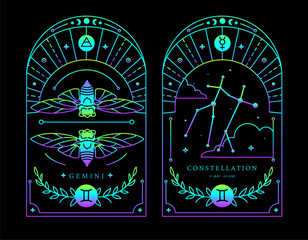 Set of Modern magic fluorescent witchcraft cards with astrology Gemini zodiac sign characteristic. Vector illustration