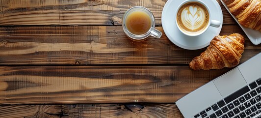 coffee, croissants and laptop keyboard on a wooden table. generative ai