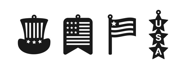 Set of 4th of July patriotic earrings, pendant or keychain design. Jewelry silhouette cut template. Laser cutting with leather, wood or metal. Vector illustration file