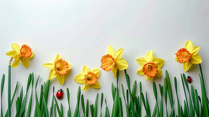 Obraz premium Daffodil and Ladybug Frame Border empty Page white Background Mockup text logo Stamp Branding Digital Art Wallpaper Background Backdrop Greeting card