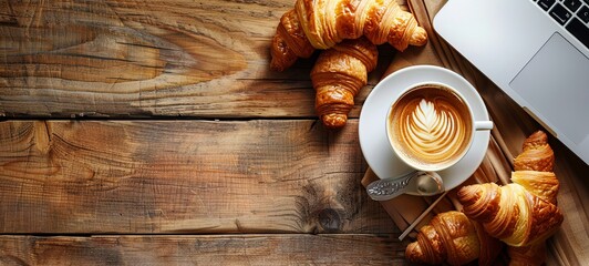 coffee, croissants and laptop keyboard on a wooden table. generative ai - Powered by Adobe