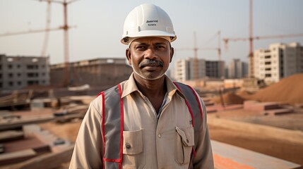 The determined worker, donning a helmet, stands poised in the foreground, meeting the camera's gaze against the backdrop of the construction site.