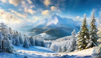 Fototapeta na wymiar 1:8, a tropical Snow covered mountain with hoarfrost covered cedar and sprice trees and a snow covered clearing that was a battlefield, fantasy digital art, octane render, beautiful composition, AI Ge